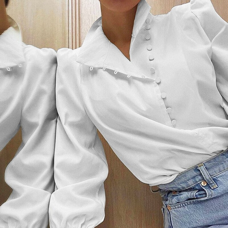 Elegant Turtleneck Blouse Long Sleeve White Shirt Office Ladies Top Casual Solid Single-Breasted Puff Sleeve Womens Blouses
