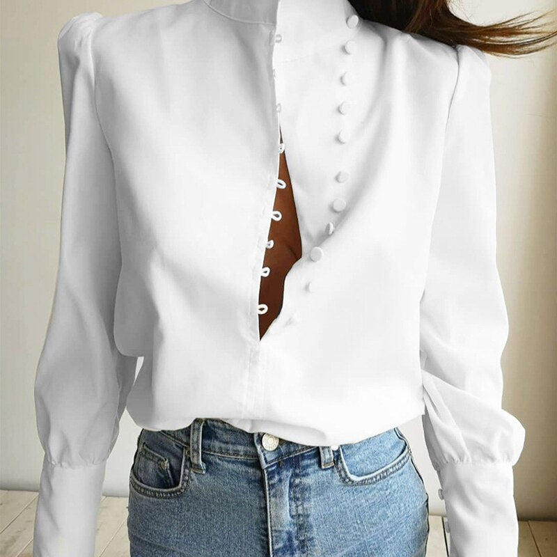 Elegant Turtleneck Blouse Long Sleeve White Shirt Office Ladies Top Casual Solid Single-Breasted Puff Sleeve Womens Blouses