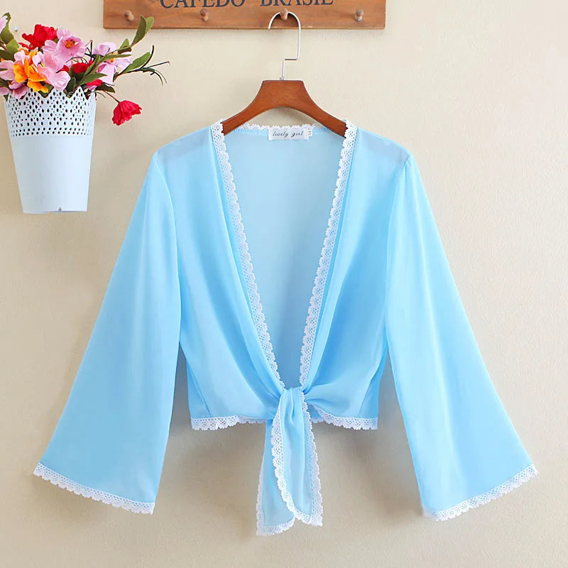 Front Tie Knot Chiffon Blouse Women 2022 Summer Loose Casual Blouse Chiffon Shirts Women Cardigan Elegant Beach Blouse Women