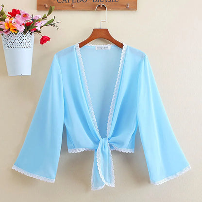 Front Tie Knot Chiffon Blouse Women 2022 Summer Loose Casual Blouse Chiffon Shirts Women Cardigan Elegant Beach Blouse Women