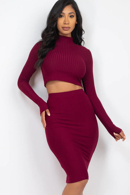 FALL Ribbed Mock Neck Crop Top & Midi Skirt Set