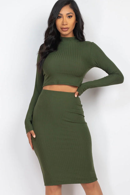 FALL Ribbed Mock Neck Crop Top & Midi Skirt Set