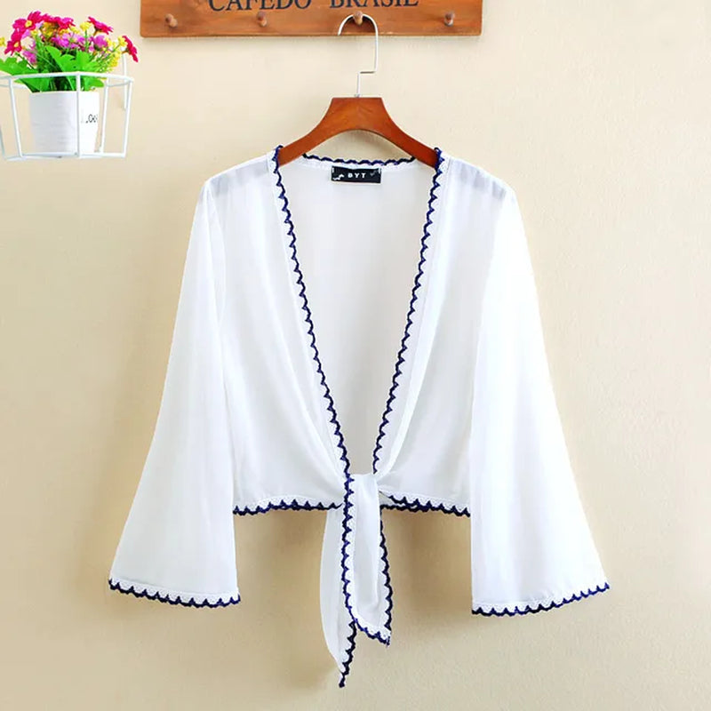 Front Tie Knot Chiffon Blouse Women 2022 Summer Loose Casual Blouse Chiffon Shirts Women Cardigan Elegant Beach Blouse Women