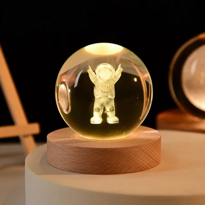 6Cm 3D Crystal Ball Glass Planet LED Warm Night Light Laser Engraved Solar System Globe Universe Birthday Gift Wooden Base