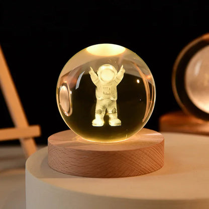 6Cm 3D Crystal Ball Glass Planet LED Warm Night Light Laser Engraved Solar System Globe Universe Birthday Gift Wooden Base