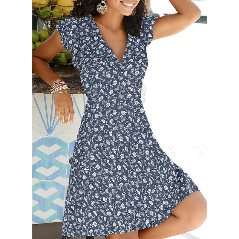 New Summer V Neck Floral Print Party Dress Women Vintage Sleeveless Tank Mini Dress Spring Loose A-Line Dress 2021