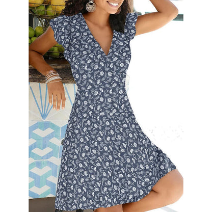 New Summer V Neck Floral Print Party Dress Women Vintage Sleeveless Tank Mini Dress Spring Loose A-Line Dress 2021