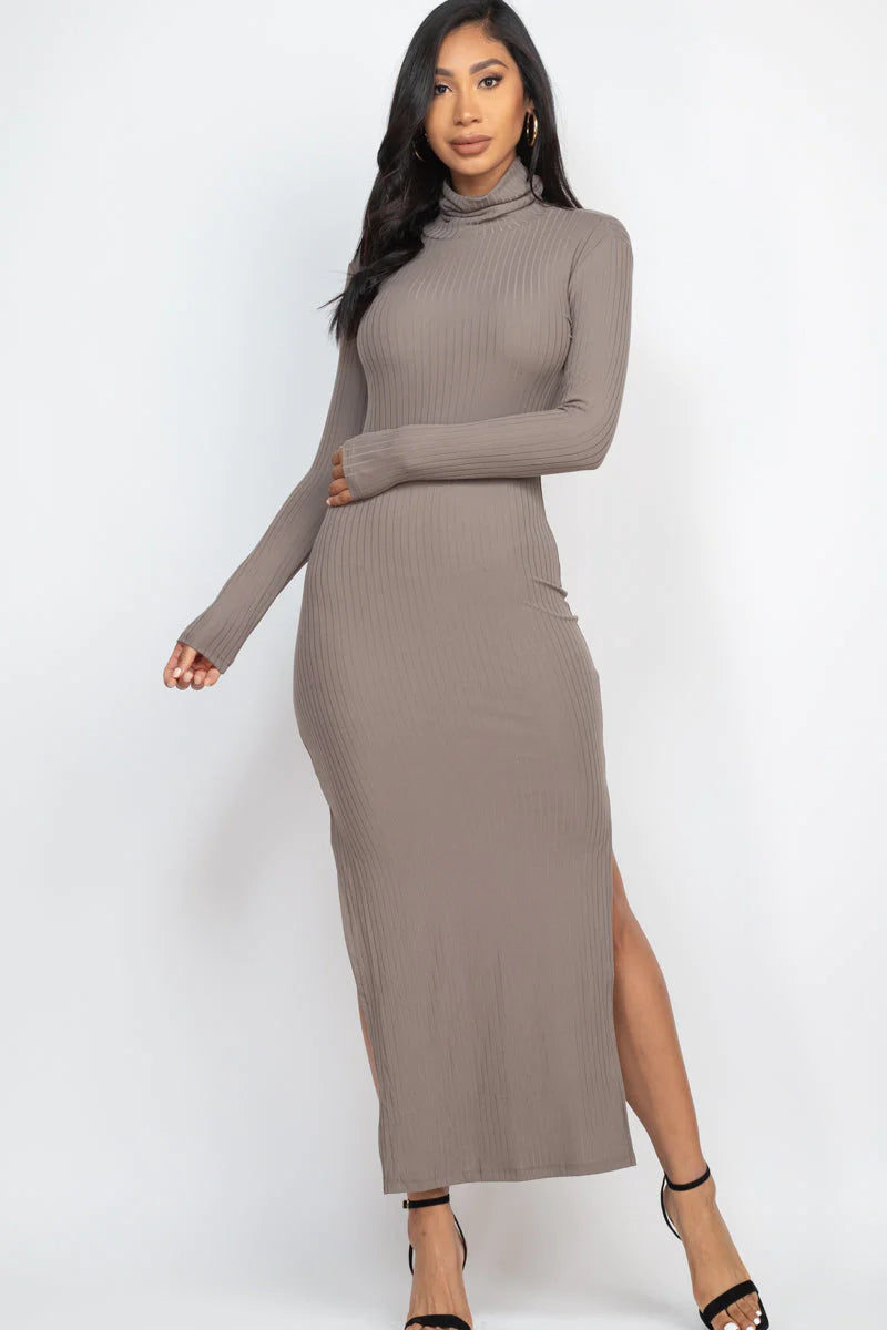 FALL Ribbed Turtle Neck Side Slit Maxi Dress