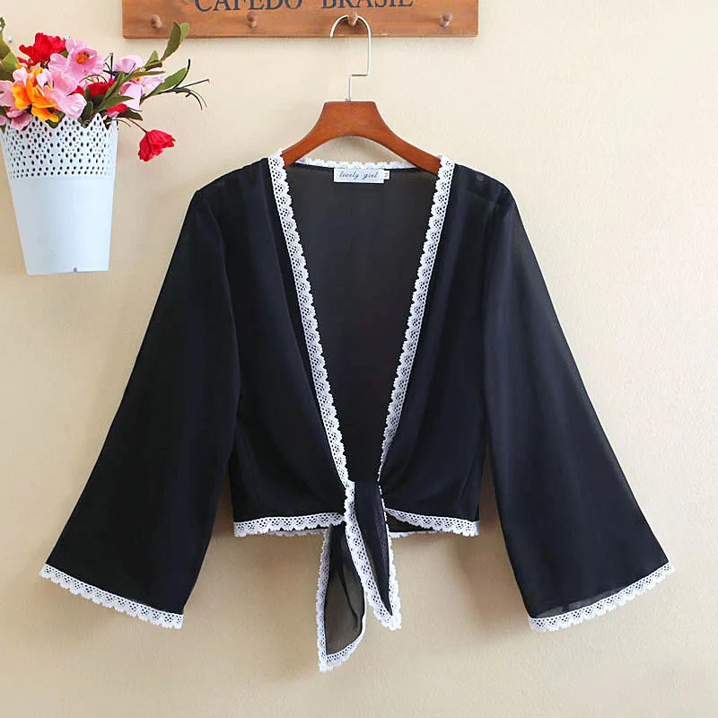 Front Tie Knot Chiffon Blouse Women 2022 Summer Loose Casual Blouse Chiffon Shirts Women Cardigan Elegant Beach Blouse Women
