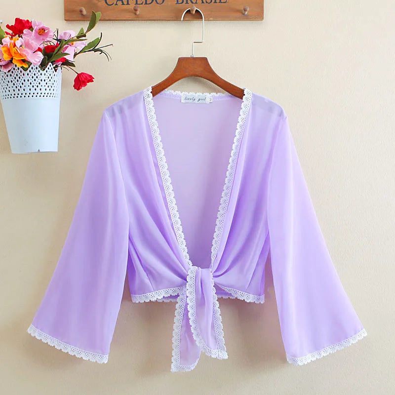 Front Tie Knot Chiffon Blouse Women 2022 Summer Loose Casual Blouse Chiffon Shirts Women Cardigan Elegant Beach Blouse Women
