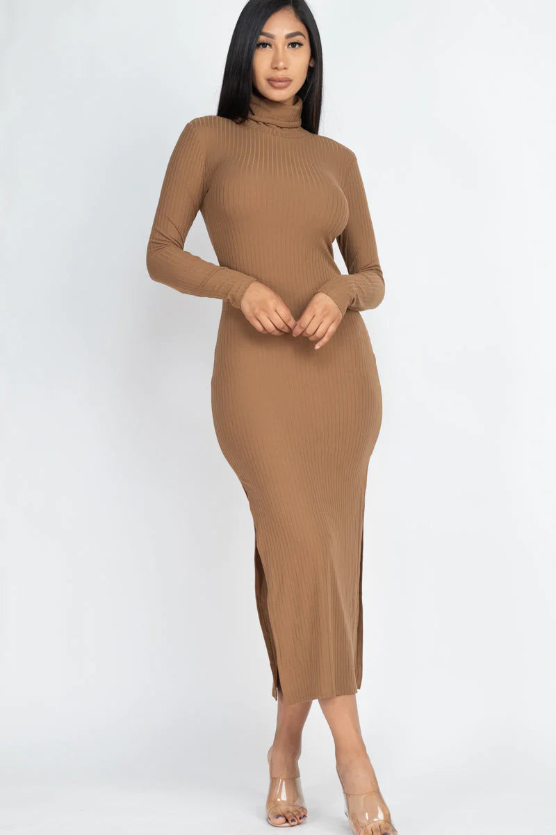 FALL Ribbed Turtle Neck Side Slit Maxi Dress