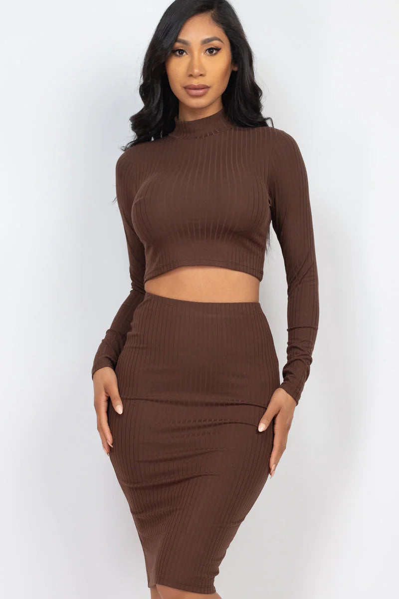 FALL Ribbed Mock Neck Crop Top & Midi Skirt Set