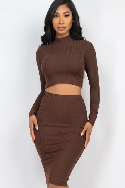 FALL Ribbed Mock Neck Crop Top & Midi Skirt Set