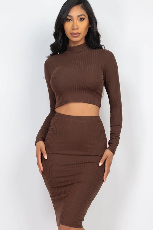 FALL Ribbed Mock Neck Crop Top & Midi Skirt Set