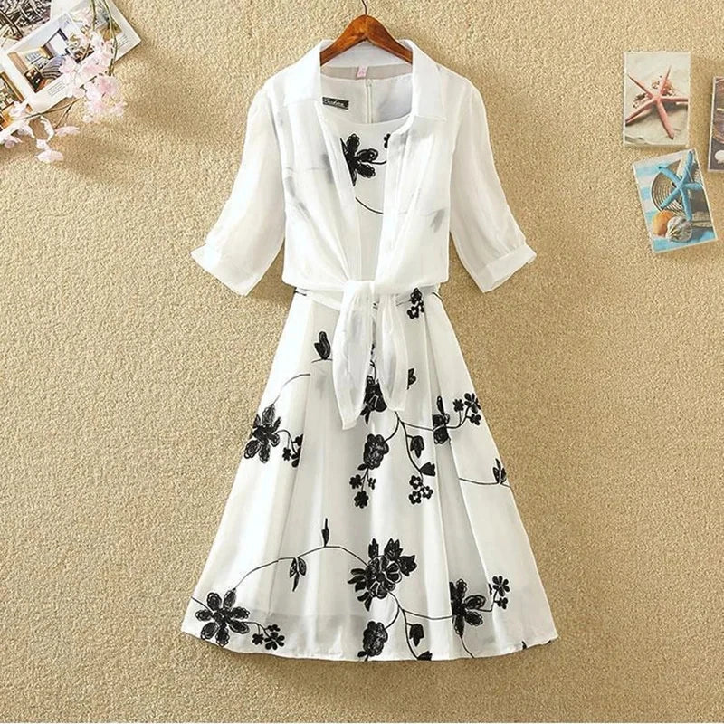 White Chiffon Polo-Neck Shirt Women'S Dress Sets Floral Vintage O-Neck Sleeveless Knee-Length Dresses for Women Two Piece Set