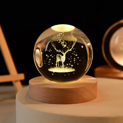 6Cm 3D Crystal Ball Glass Planet LED Warm Night Light Laser Engraved Solar System Globe Universe Birthday Gift Wooden Base