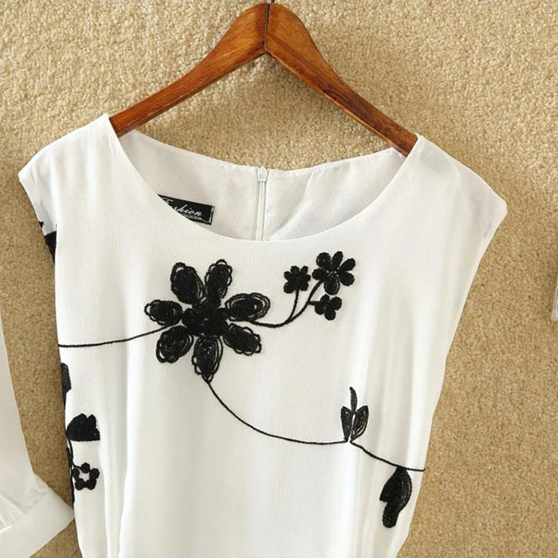 White Chiffon Polo-Neck Shirt Women'S Dress Sets Floral Vintage O-Neck Sleeveless Knee-Length Dresses for Women Two Piece Set
