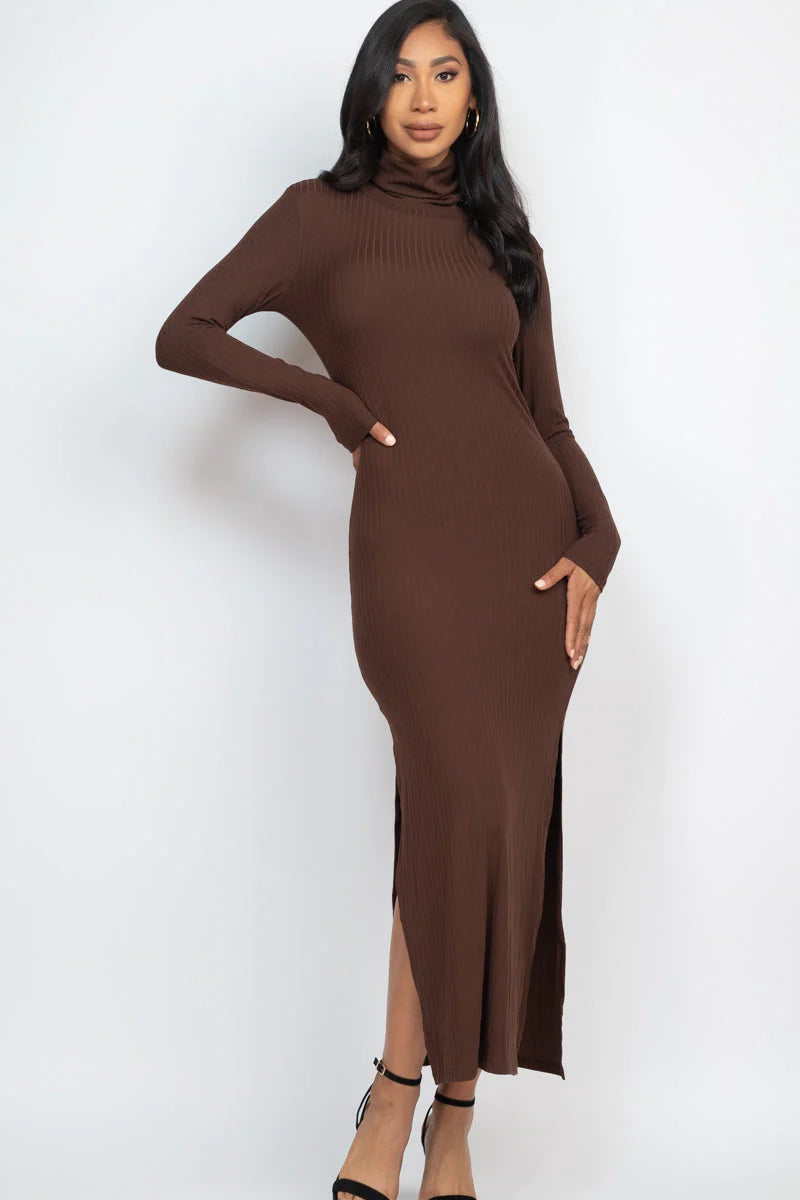 FALL Ribbed Turtle Neck Side Slit Maxi Dress