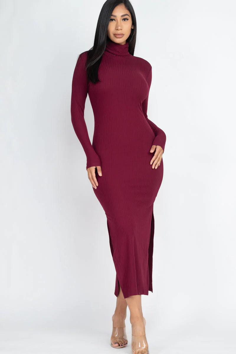 FALL Ribbed Turtle Neck Side Slit Maxi Dress