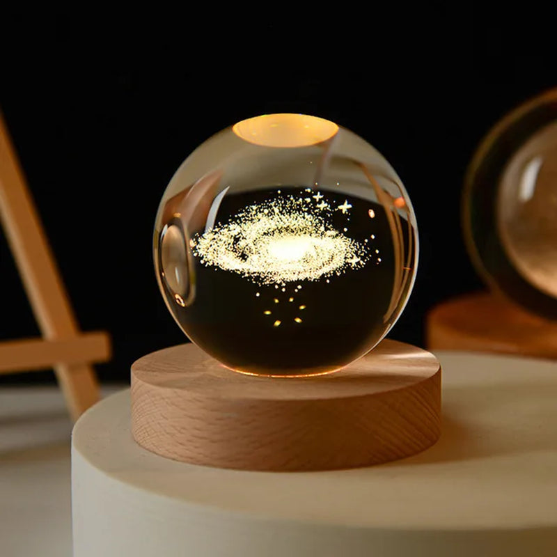 6Cm 3D Crystal Ball Glass Planet LED Warm Night Light Laser Engraved Solar System Globe Universe Birthday Gift Wooden Base