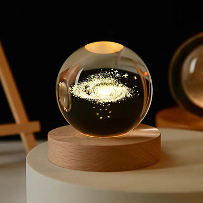 6Cm 3D Crystal Ball Glass Planet LED Warm Night Light Laser Engraved Solar System Globe Universe Birthday Gift Wooden Base