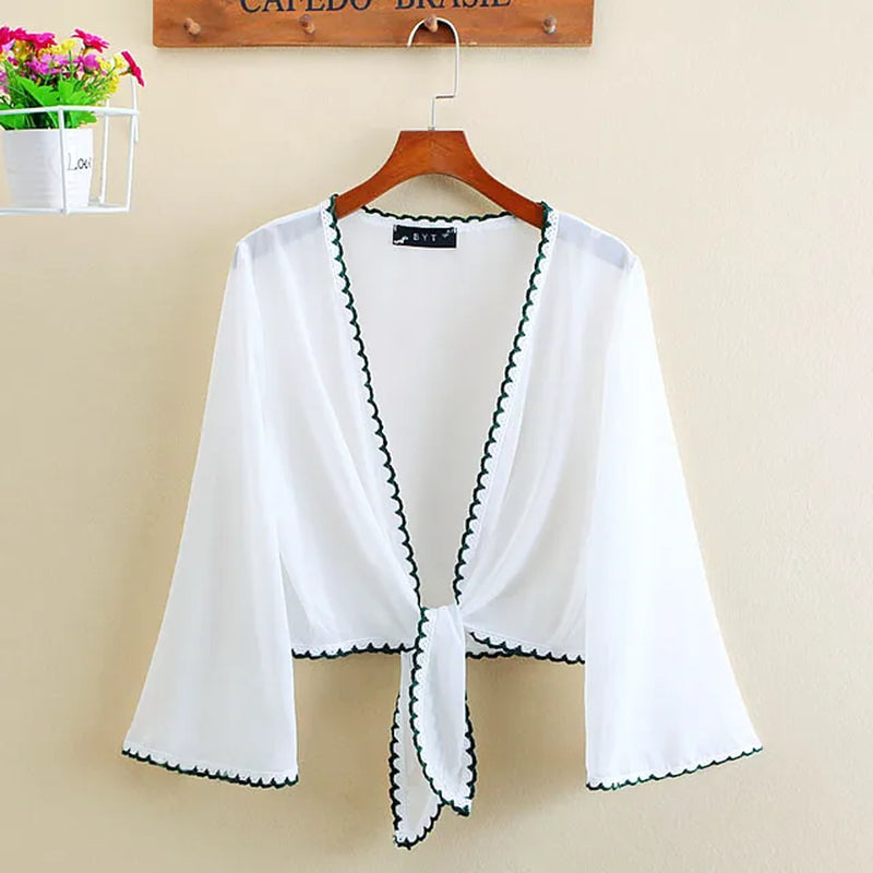 Front Tie Knot Chiffon Blouse Women 2022 Summer Loose Casual Blouse Chiffon Shirts Women Cardigan Elegant Beach Blouse Women