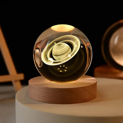 6Cm 3D Crystal Ball Glass Planet LED Warm Night Light Laser Engraved Solar System Globe Universe Birthday Gift Wooden Base