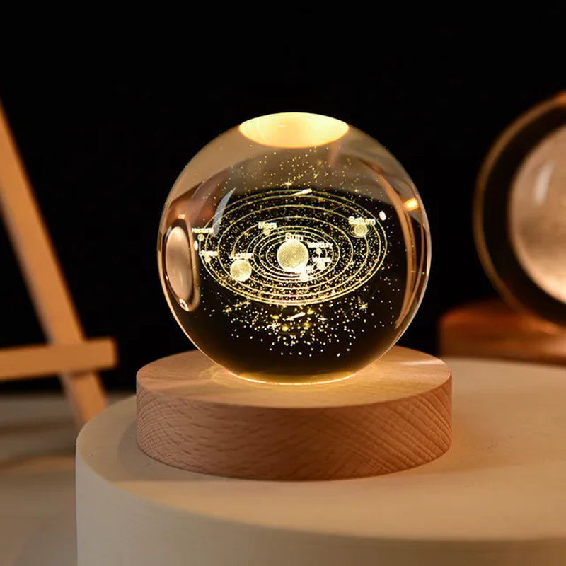 6Cm 3D Crystal Ball Glass Planet LED Warm Night Light Laser Engraved Solar System Globe Universe Birthday Gift Wooden Base