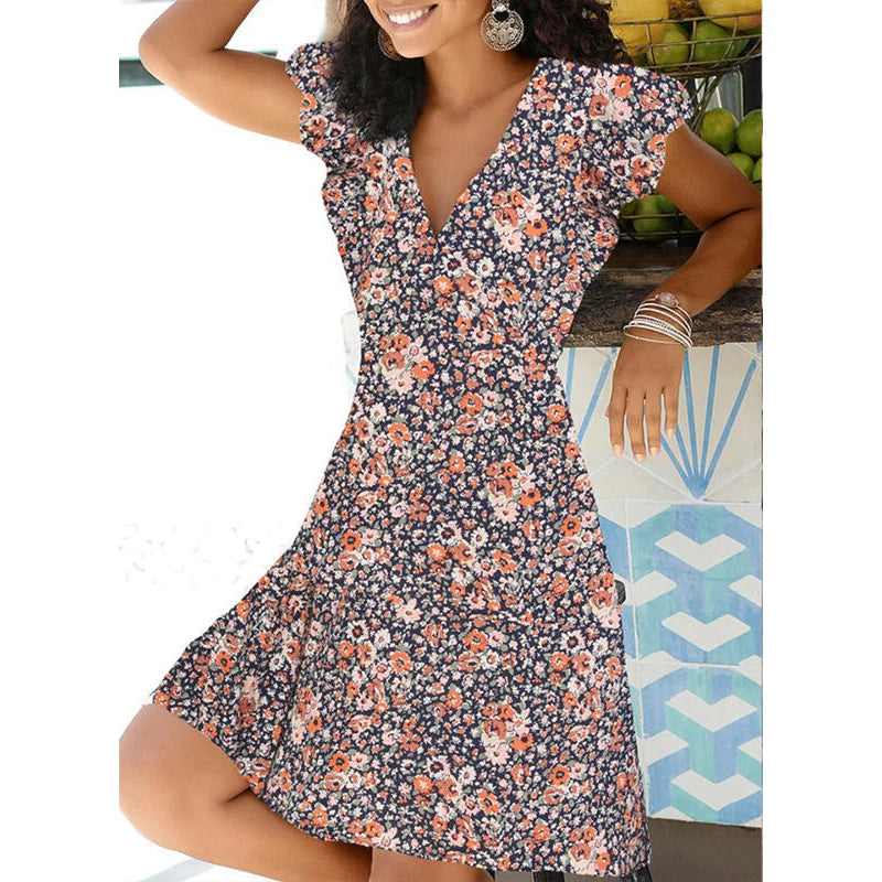 New Summer V Neck Floral Print Party Dress Women Vintage Sleeveless Tank Mini Dress Spring Loose A-Line Dress 2021