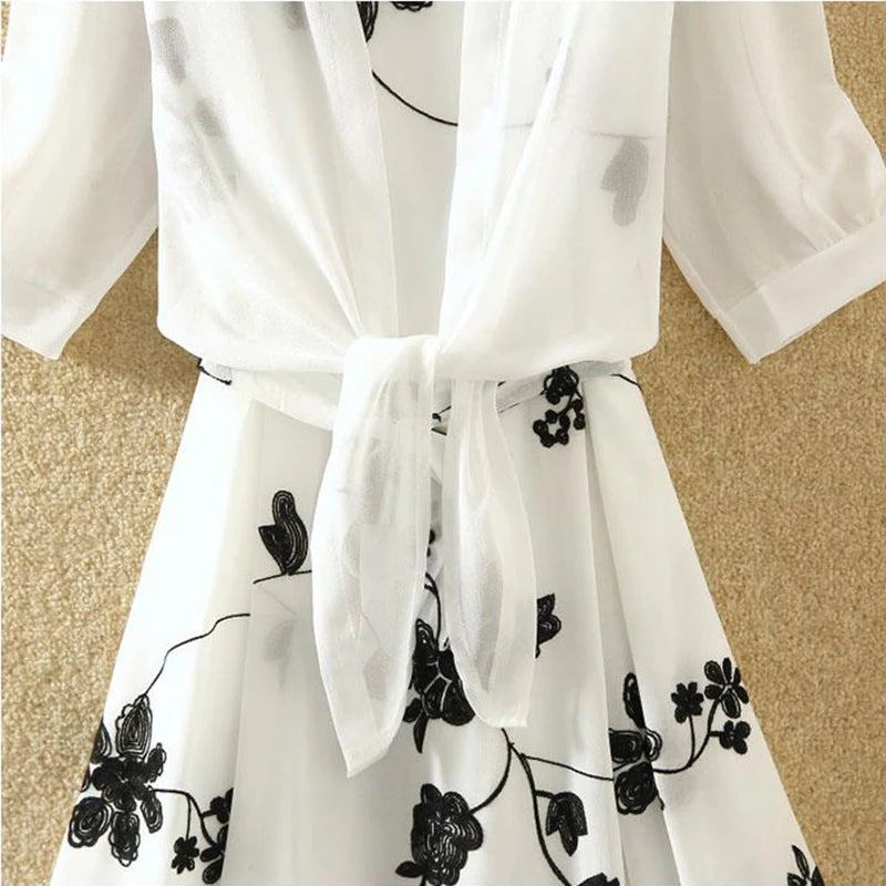 White Chiffon Polo-Neck Shirt Women'S Dress Sets Floral Vintage O-Neck Sleeveless Knee-Length Dresses for Women Two Piece Set