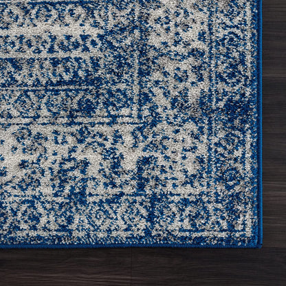 Vintage Geometric Blue Ivory Area Rug - Boho Distressed 6X9 Rug for Living Room, Bedroom and Kitchen (6'6" X 9')