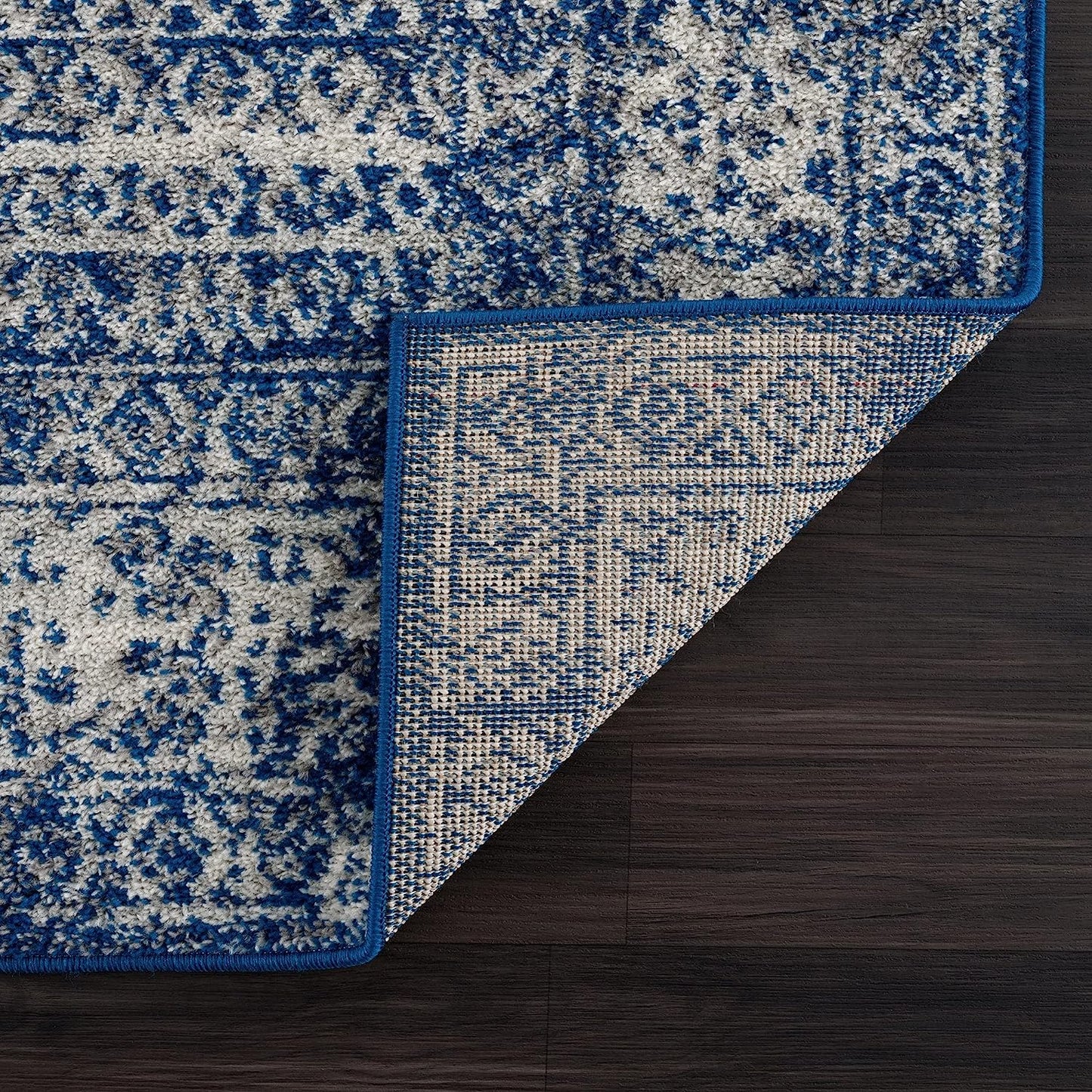 Vintage Geometric Blue Ivory Area Rug - Boho Distressed 6X9 Rug for Living Room, Bedroom and Kitchen (6'6" X 9')